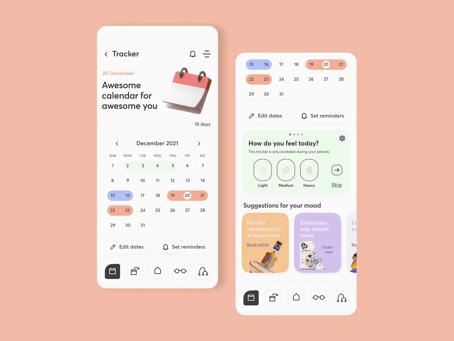 Two mobile screens display a mood tracking and scheduling app with calendar, reminder settings, a mood questionnaire, and personalized mood suggestions, all set against a peach background.