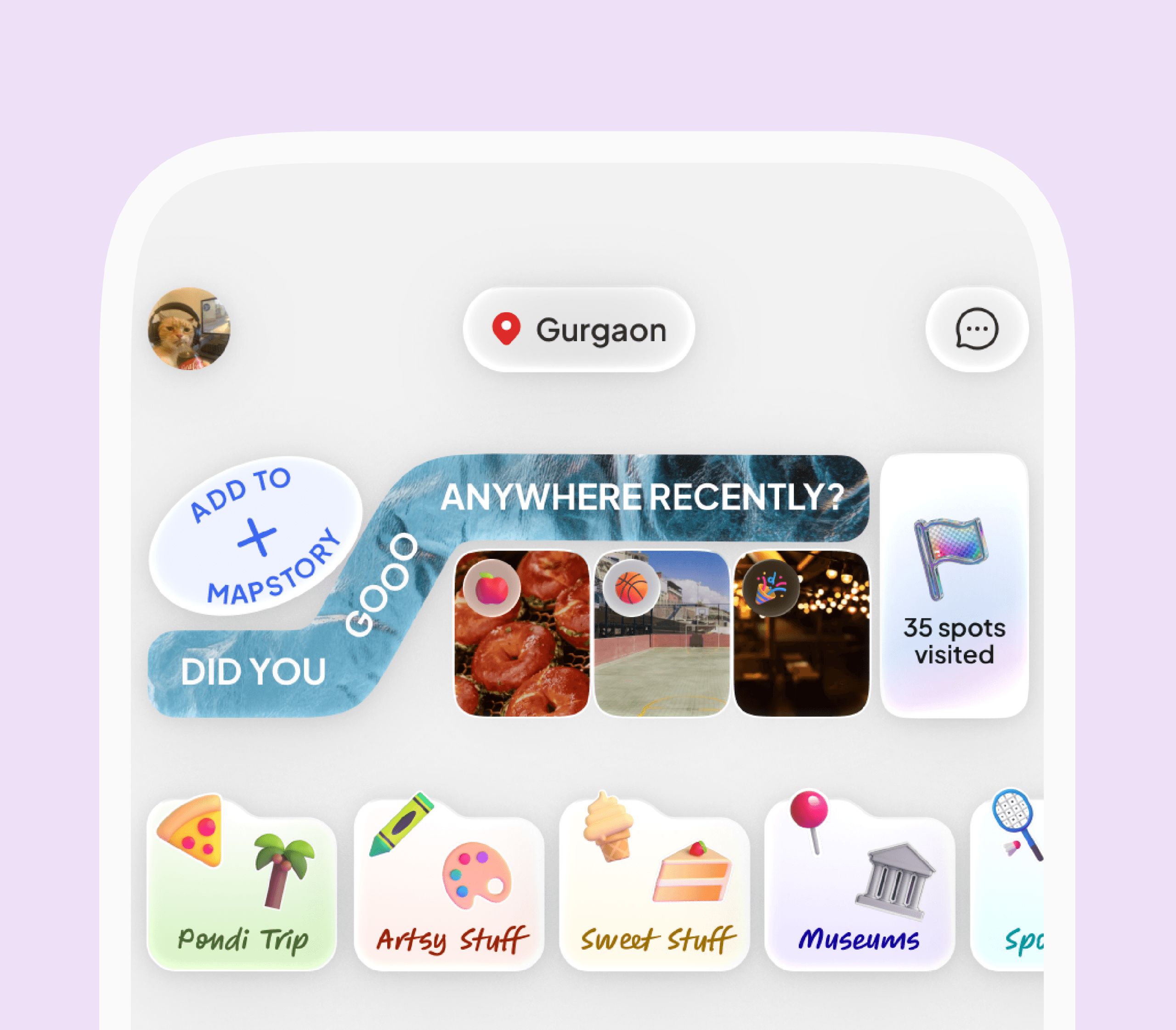 The image depicts a smartphone interface showcasing a travel-themed app, featuring a notification bubble for adding content to a "mapstory," various icons for different trips like "Pondi Trip" and "Museums," and a counter showing "35 spots visited," with the location set to Gurgaon.