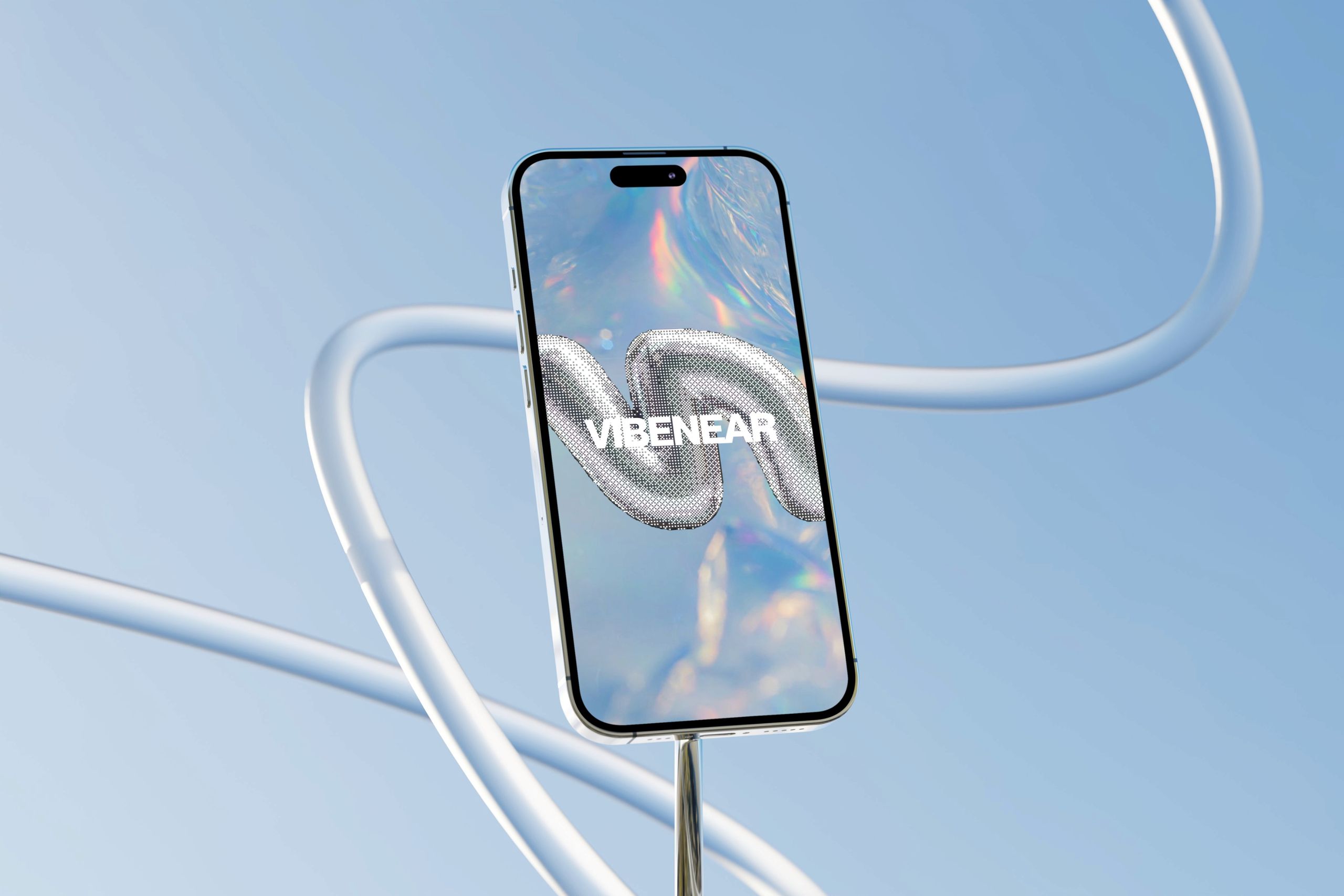 A hand holds a smartphone displaying the "VibeNear Spaces" logo against a background of a blue, poster-like design featuring colorful icons and the phrase "Live Local Discovery, like never before," evoking themes of connectivity and innovation.